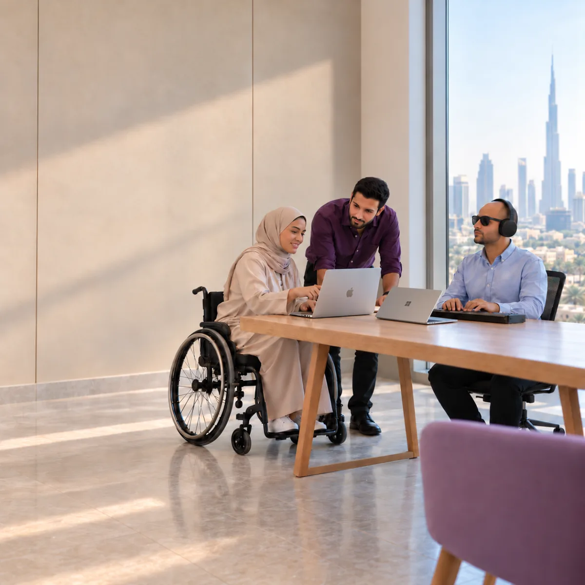 Illustrative scene of a woman using a wheelchair and a colleague working on a laptop, beside a blind colleague using a braille display and headphones.