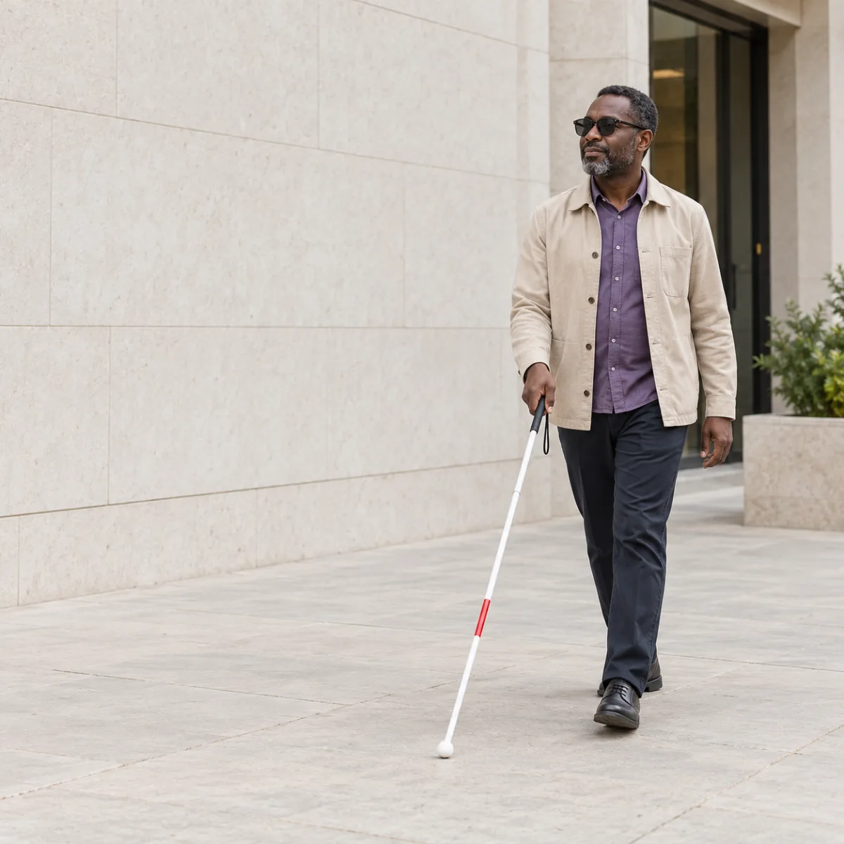 Illustrative scene of a blind man walking with a white cane along a city pavement.