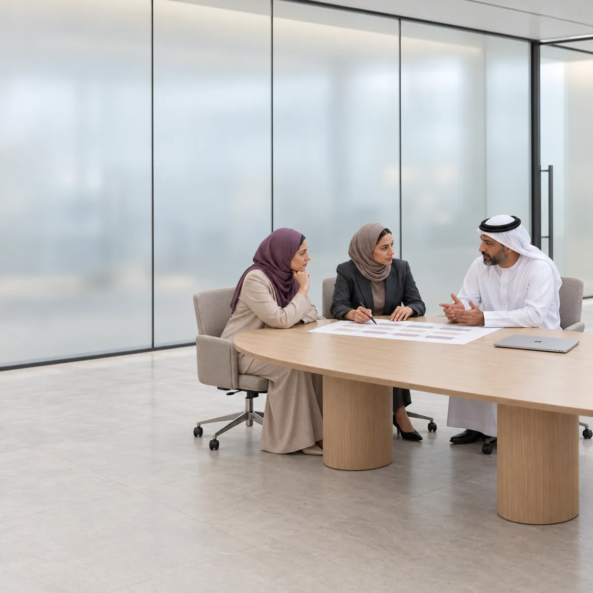 Illustrative scene of three colleagues discussing a printed plan at a boardroom table.