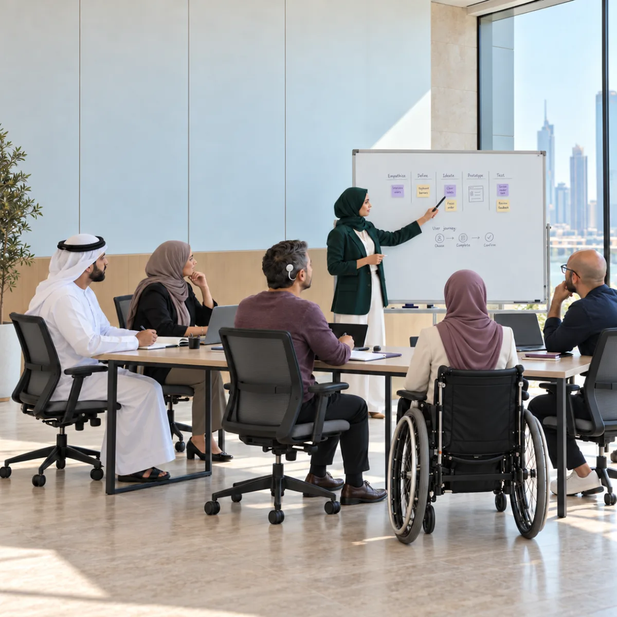 Illustrative scene of a trainer presenting a design process on a whiteboard to five colleagues around a table, including a wheelchair user and a colleague with a cochlear implant.